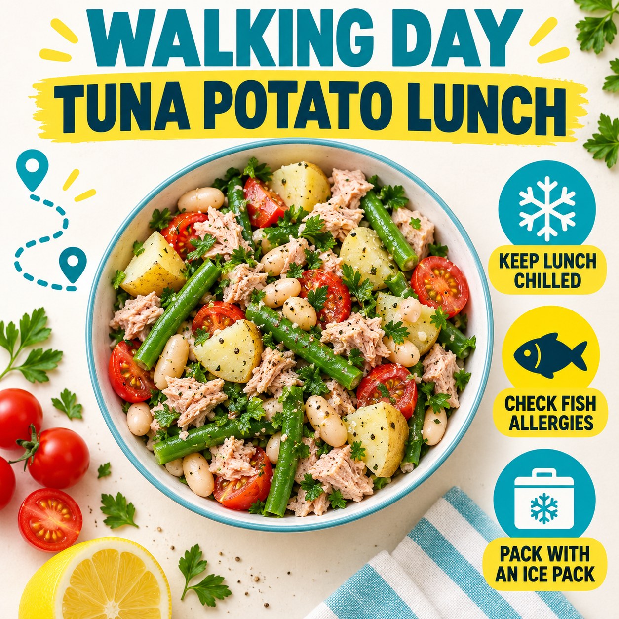 Infographic for a walking-day tuna bean potato lunch with chilling, fish allergy, and ice-pack reminders