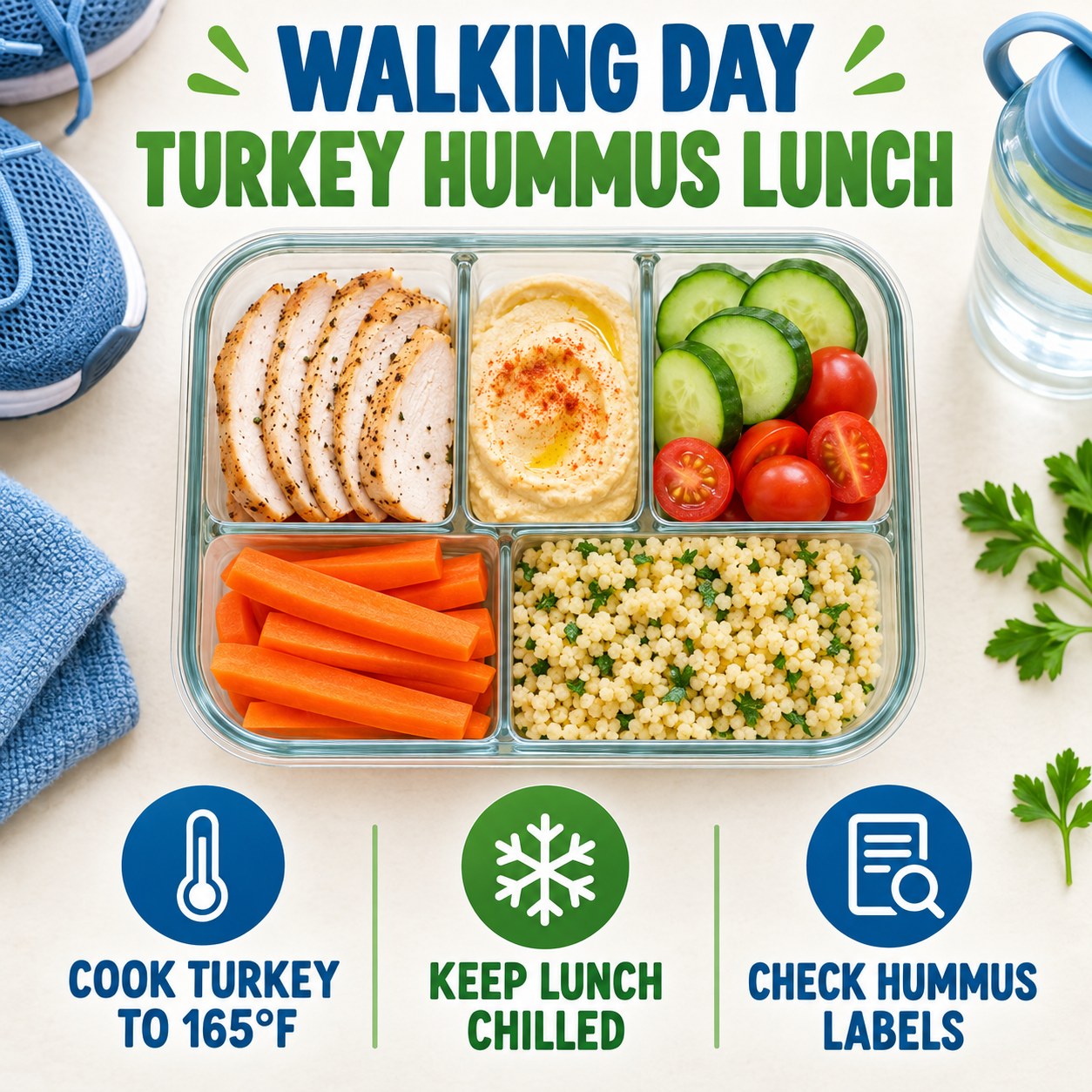 Infographic for a walking-day turkey hummus couscous lunch with turkey temperature, chilling, and hummus label reminders