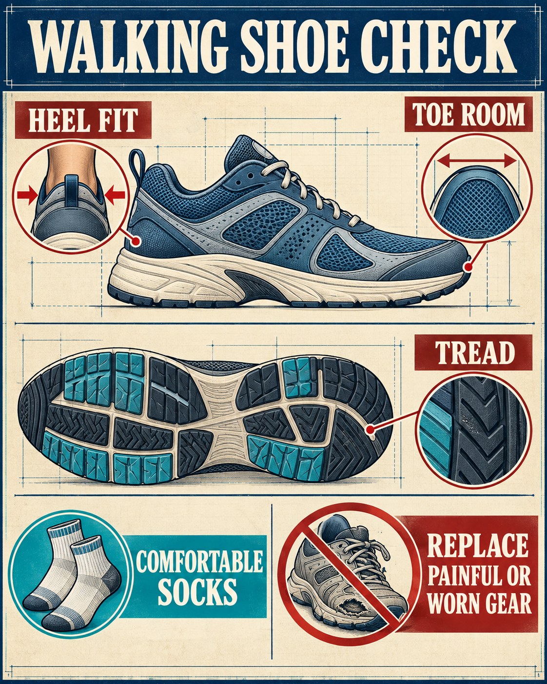 Navy, tan, red, cream, and turquoise shoemaker blueprint infographic for checking walking shoes.