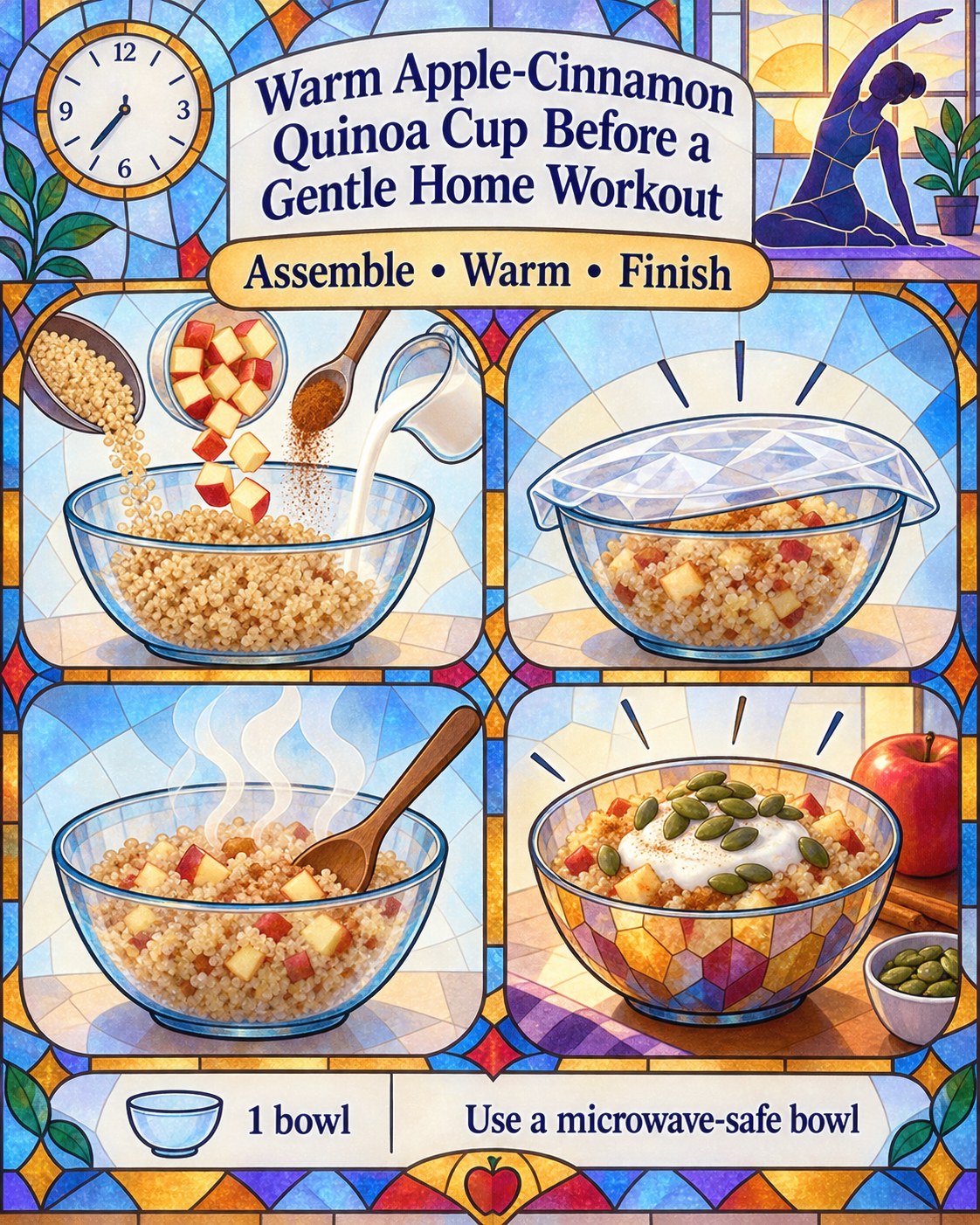 Stained-glass infographic showing quinoa, apple, cinnamon, milk, warming, yogurt, pumpkin seeds, and one bowl.