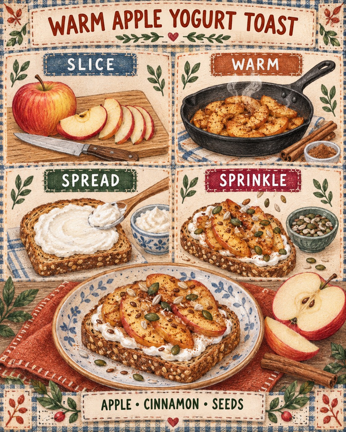 Rust, dusty blue, cream, green, raspberry, and brown storybook infographic for warm apple yogurt toast.