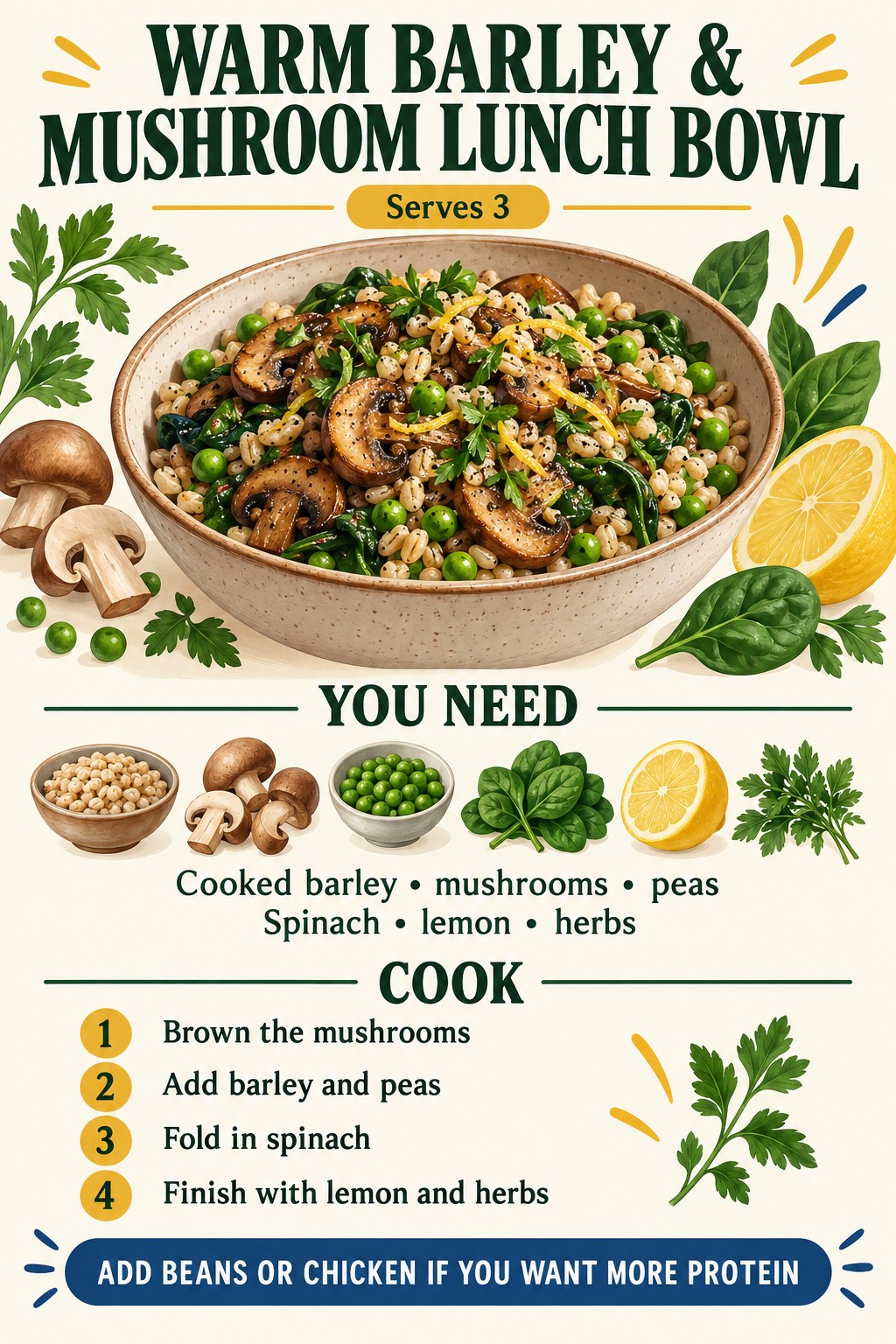 Warm barley and mushroom lunch bowl recipe infographic