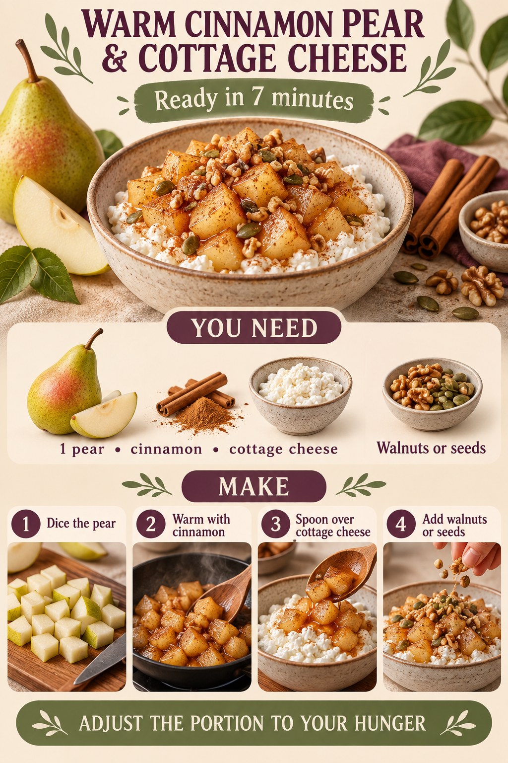 Warm cinnamon pear and cottage cheese snack infographic
