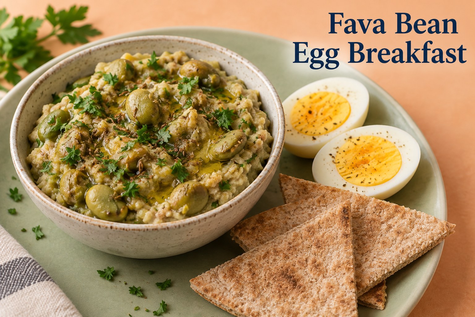 Warm fava beans with egg halves and pita beside the words Fava Bean Egg Breakfast.