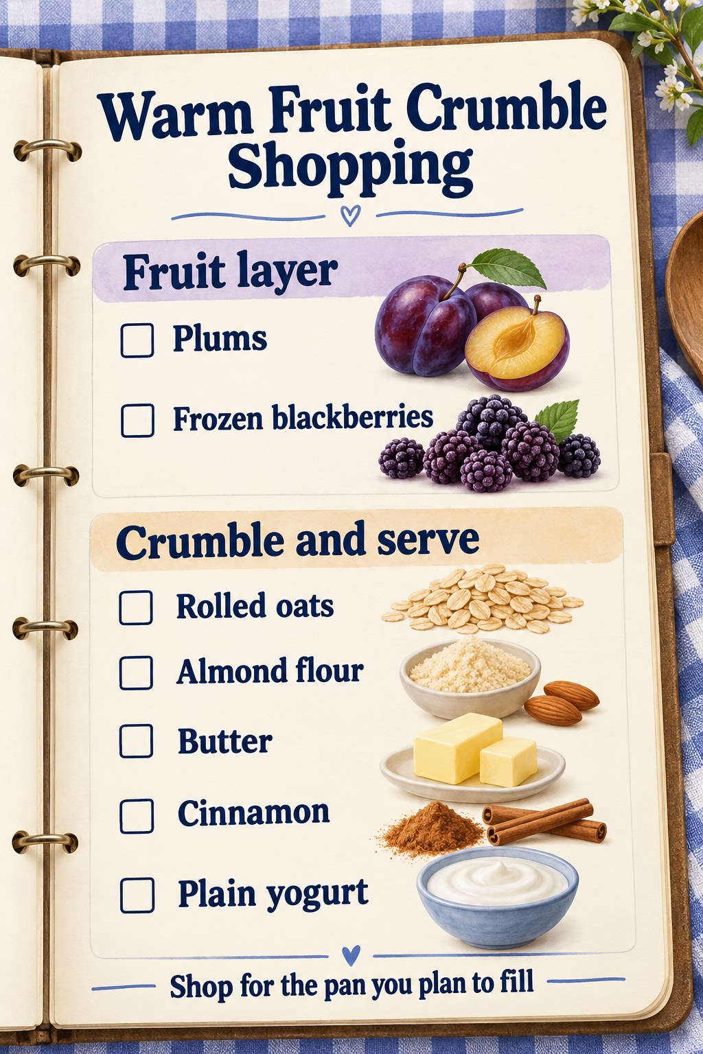 Indigo gingham recipe binder checklist with plums, frozen blackberries, oats, almond flour, butter, cinnamon and yogurt.