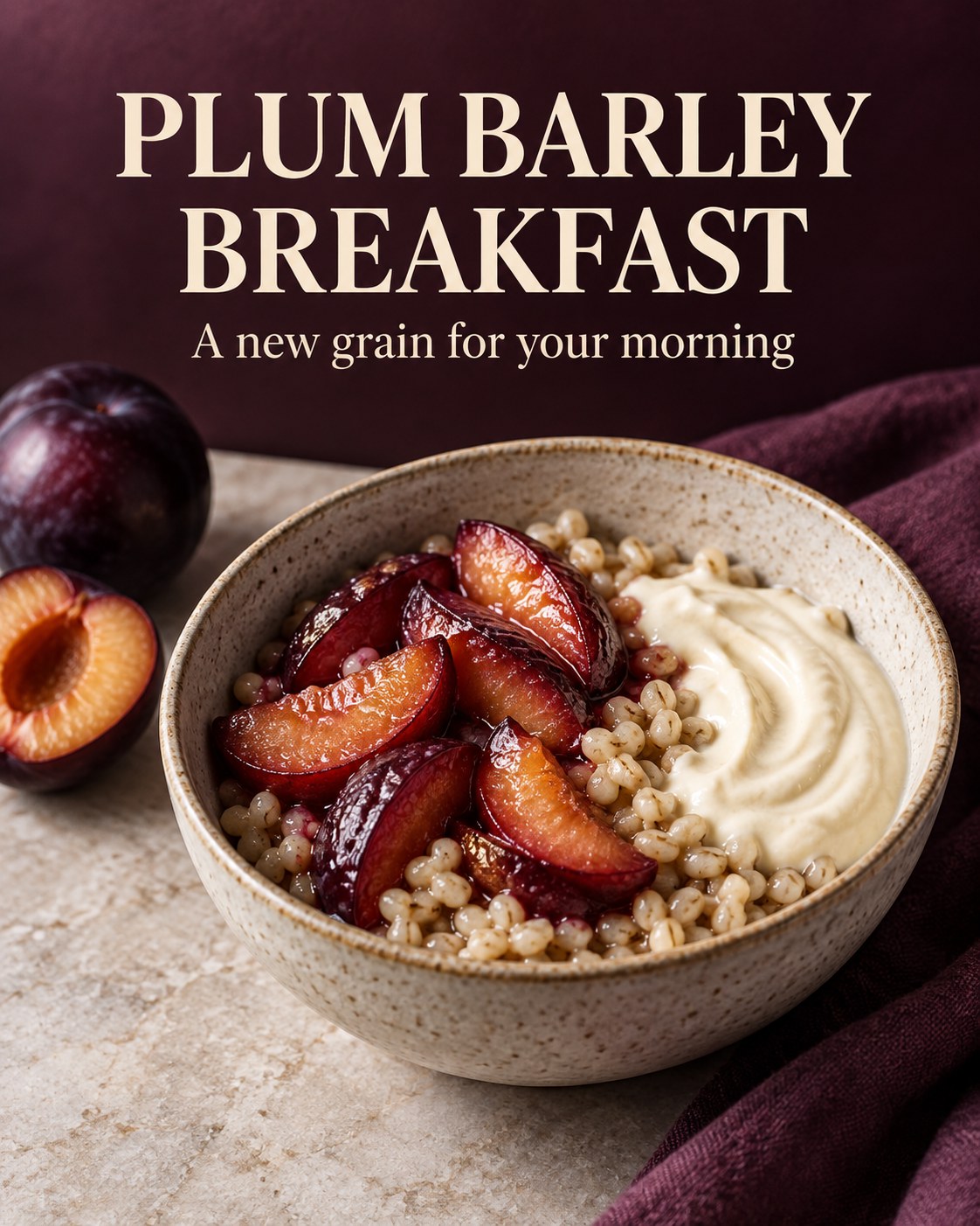 A bowl of barley with softened red plum wedges and a tahini yogurt swirl under the words Plum Barley Breakfast.