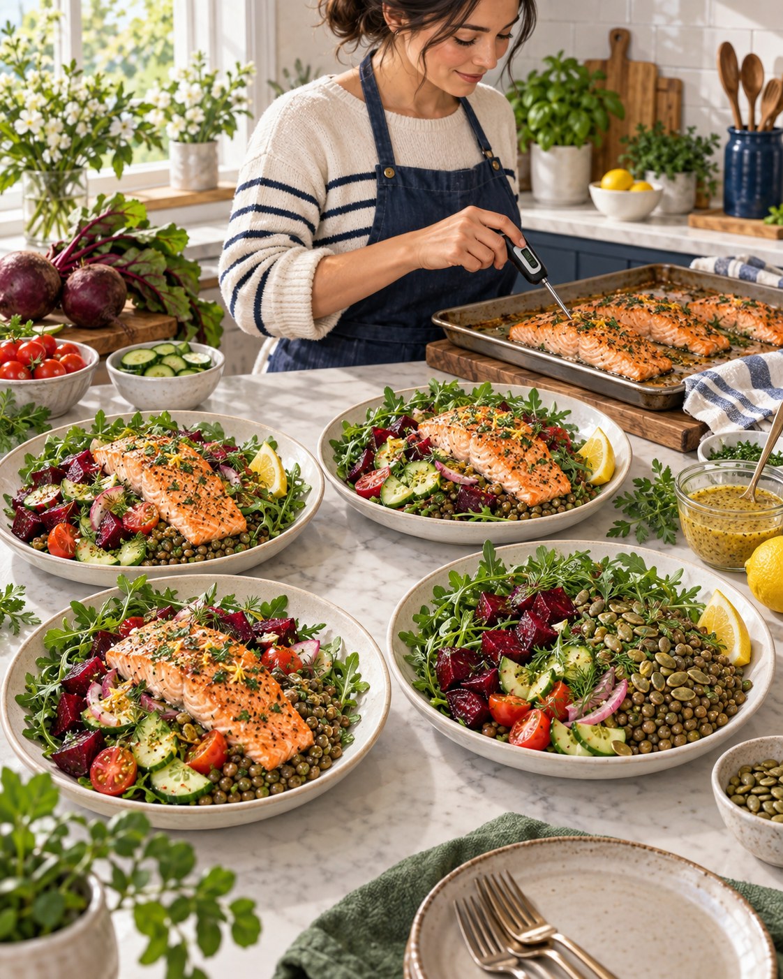 Woman checking baked salmon and assembling four salads with lentils, arugula, beets, cucumber, and tomatoes