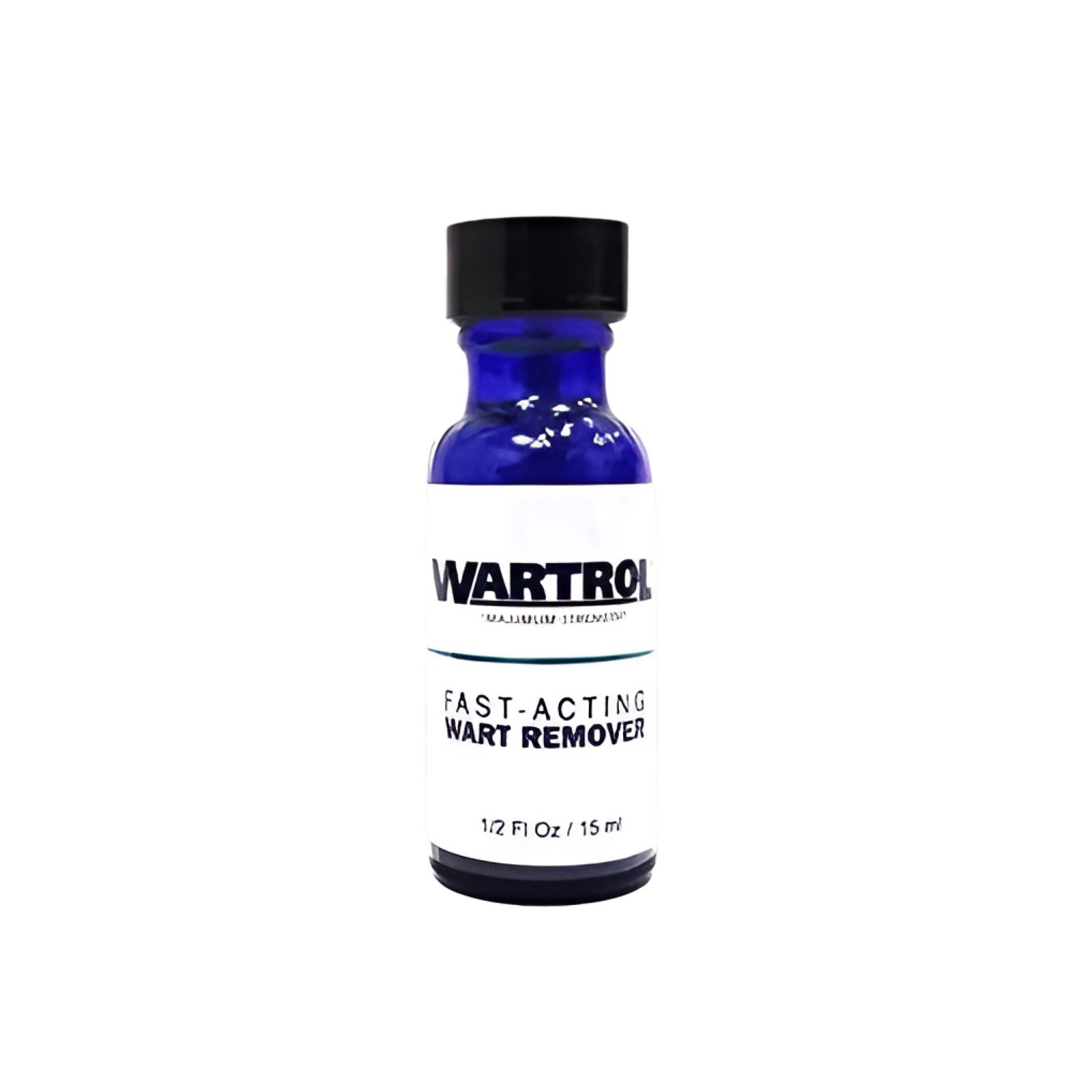 Blue Wartrol Wart Remover bottle with a white label and black cap, labeled 15 mL