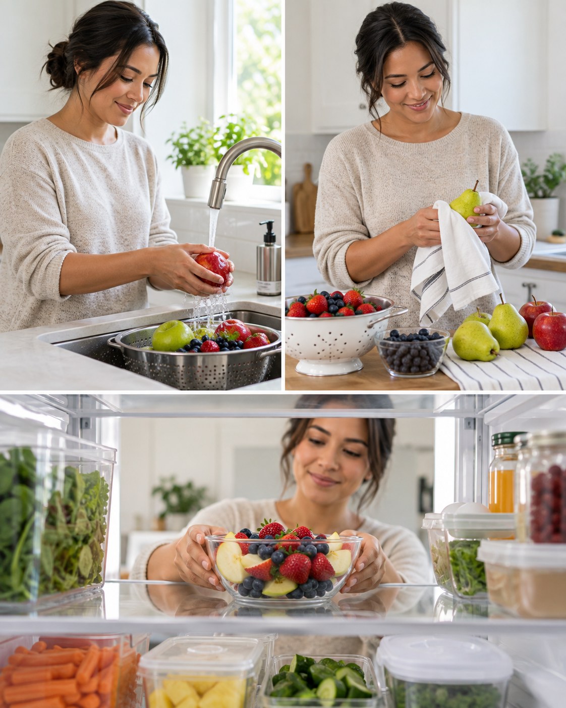 Woman washing, drying, and placing apples, pears, and berries in a refrigerator