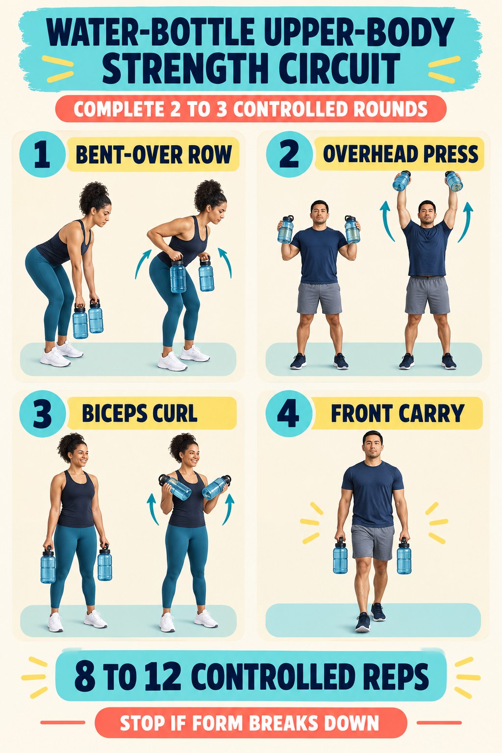 Water-bottle upper-body circuit showing rows, presses, curls, and suitcase carries.