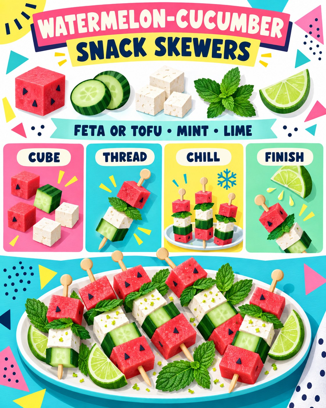 Watermelon pink, turquoise, mint, yellow, white, and navy Memphis infographic for cucumber snack skewers.