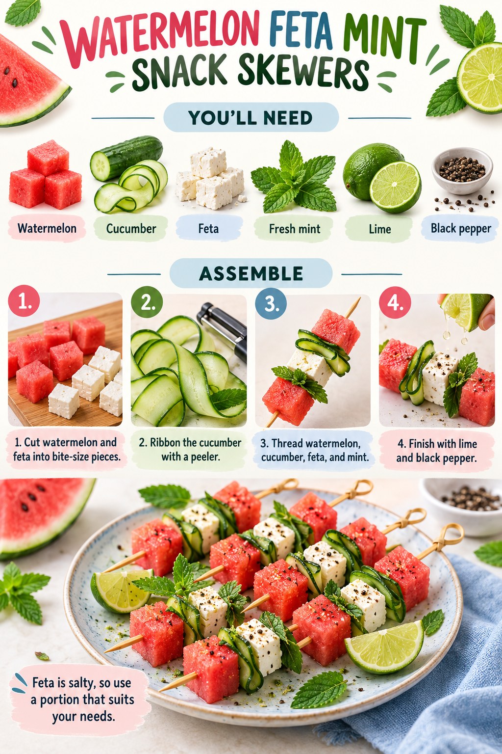 Watermelon feta mint snack skewers with cucumber ribbons, lime wedges, and black pepper on a plate.