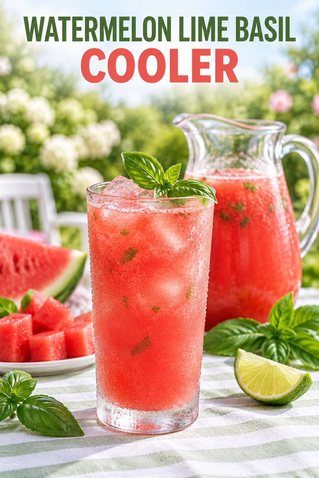 Tall frosted glass and pitcher of pink watermelon cooler with lime, fresh basil leaves, watermelon cubes, and ice.