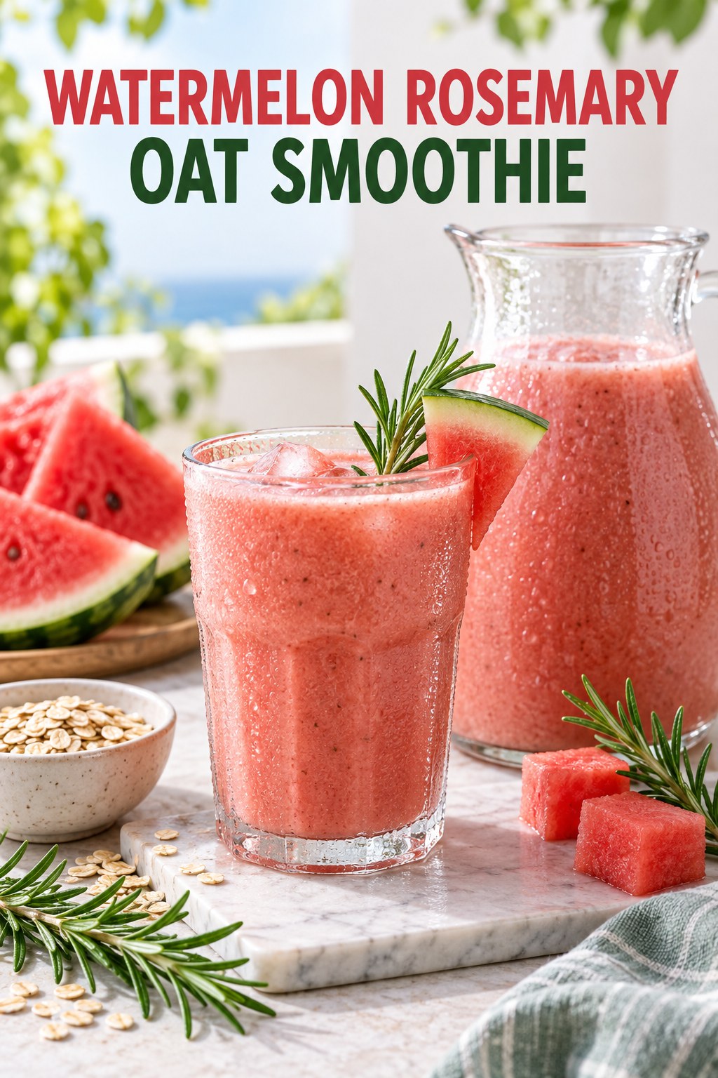 Portrait drink scene with watermelon, fresh rosemary, ice, and a chilled glass of oat smoothie.