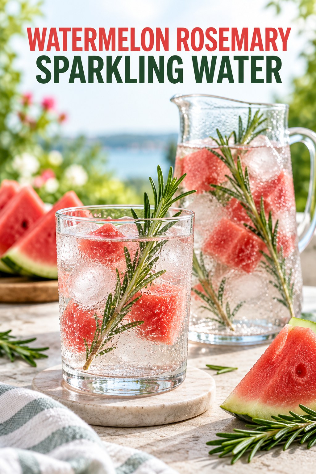 Portrait drink scene with watermelon, fresh rosemary, ice, and a chilled glass of sparkling water.