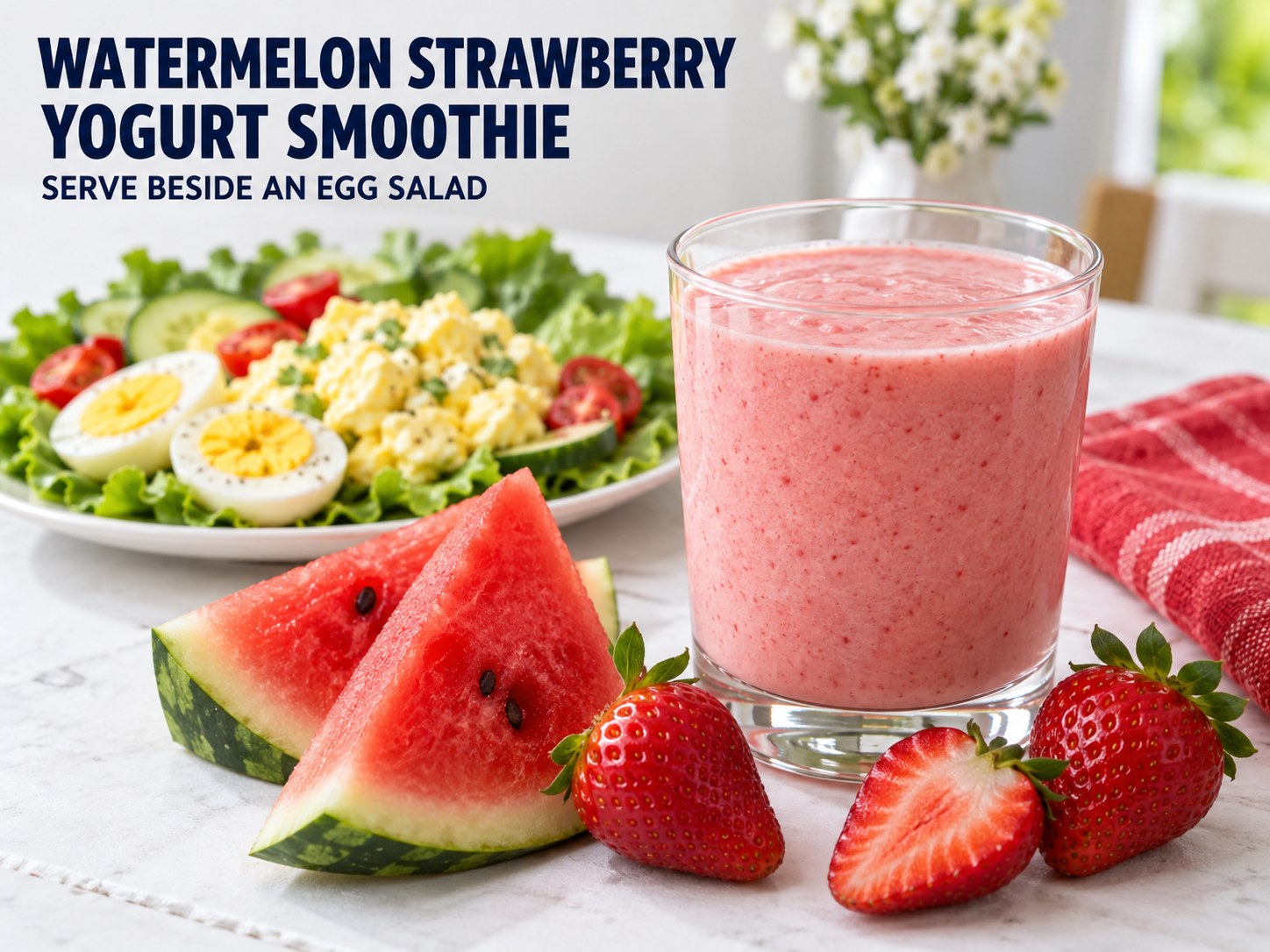 Pink watermelon strawberry smoothie in a clear glass beside watermelon and strawberries, with an egg salad plate behind it and readable recipe text.