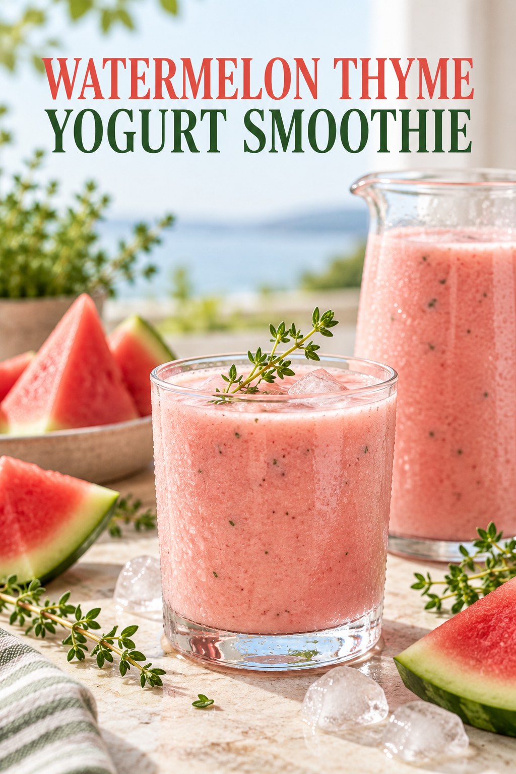 Portrait drink scene with watermelon, fresh thyme, ice, and a chilled glass of yogurt smoothie.