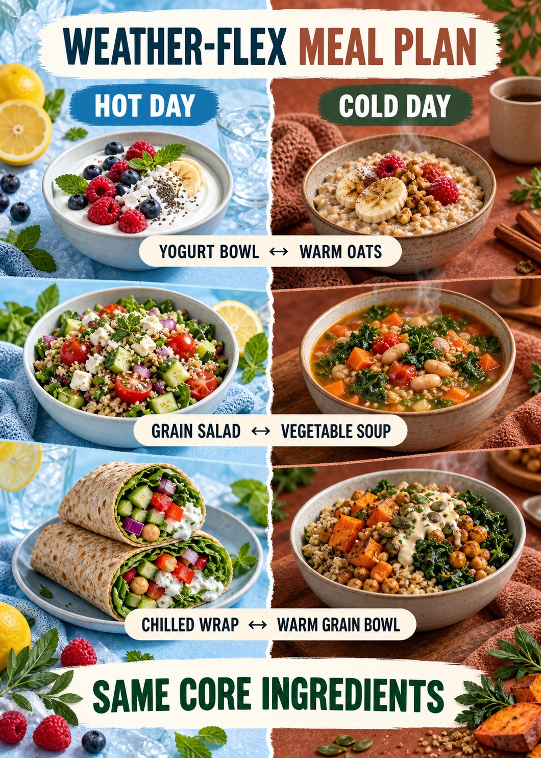Split blue and terracotta infographic pairing three hot-day meals with warm cold-day alternatives.