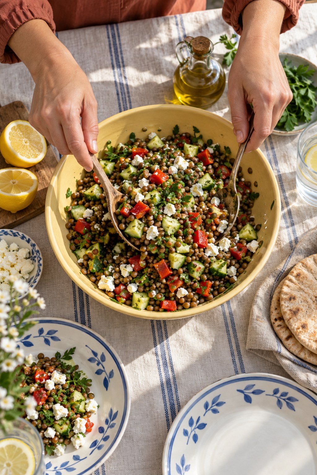 Hands preparing a lemon lentil salad with cucumber, tomatoes, parsley, and olive oil on a bright kitchen counter.