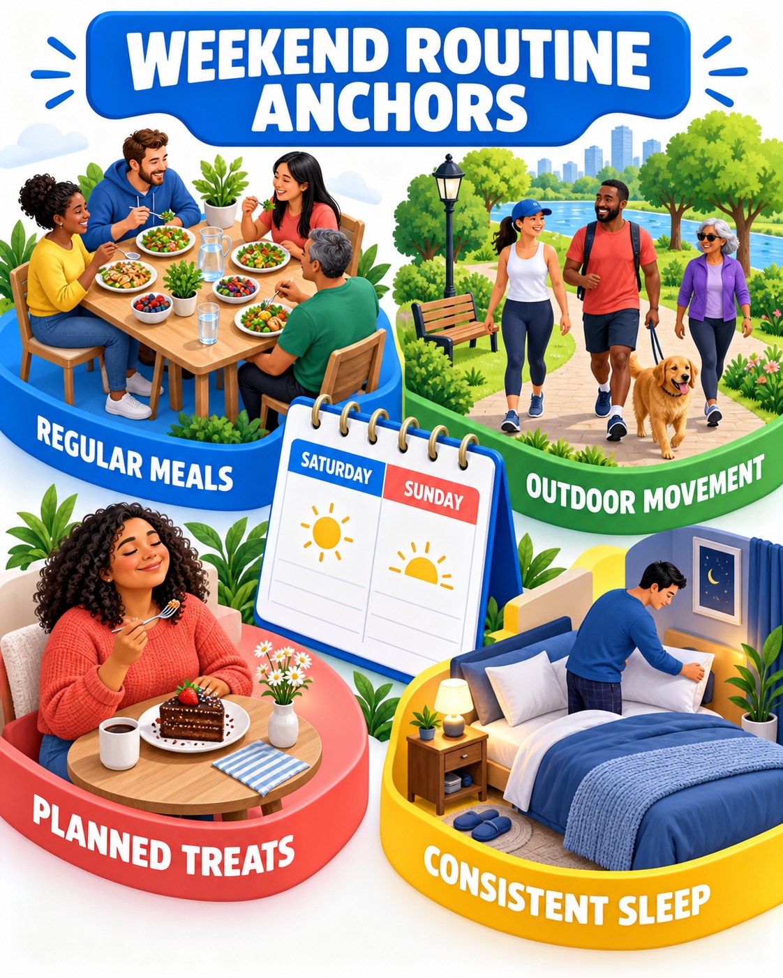 Cobalt, coral, yellow, and green weekend planner infographic showing four sustainable routine anchors.