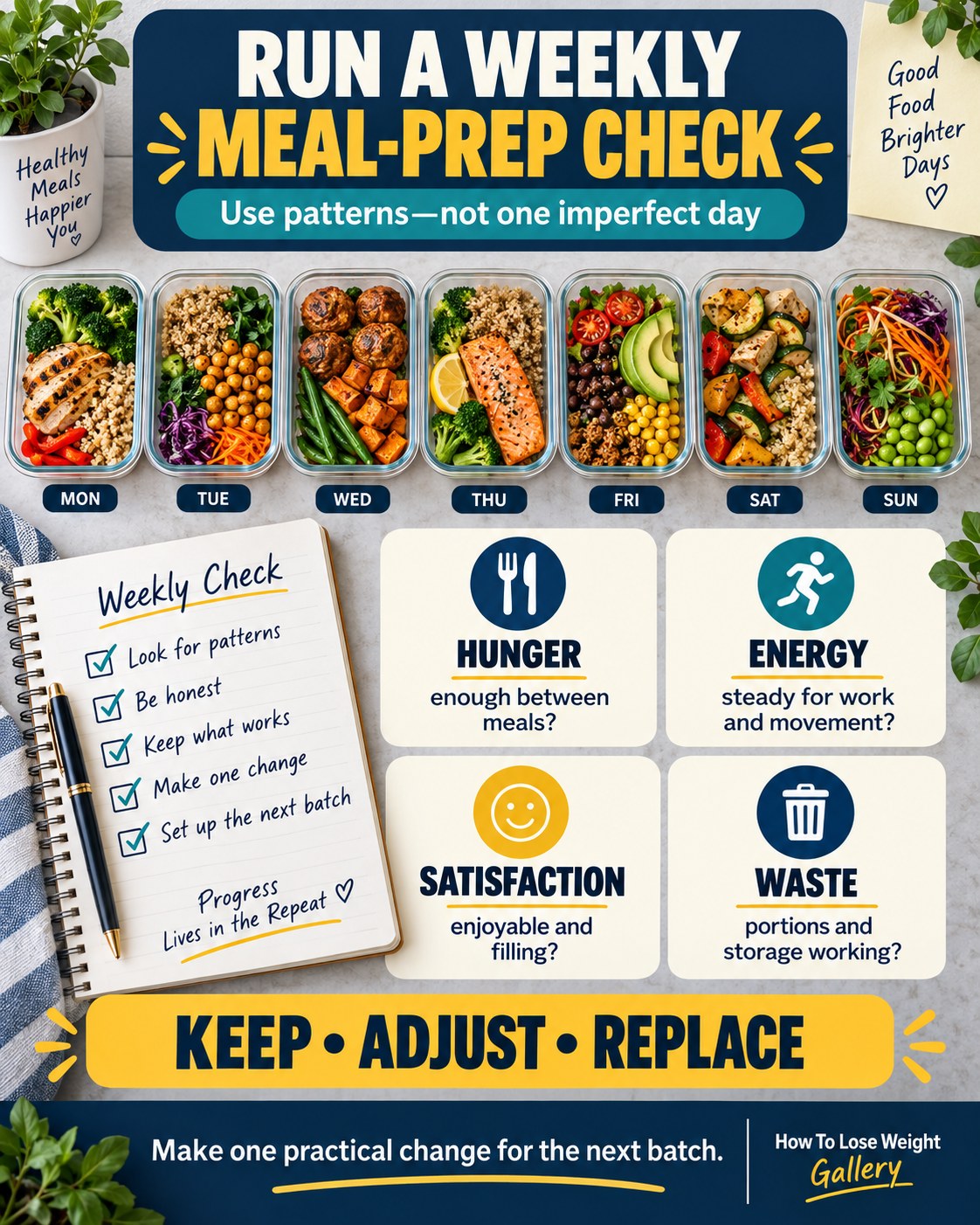 Weekly meal-prep review infographic with seven containers and checks for hunger, energy, satisfaction, and food waste
