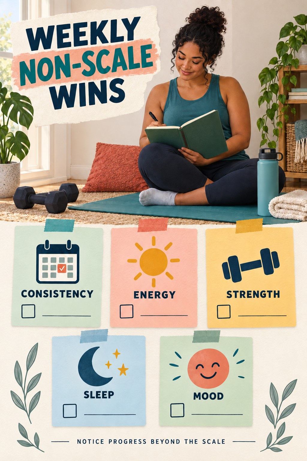 Adult journaling beside a home workout mat with five cards for consistency, energy, strength, sleep, and mood.