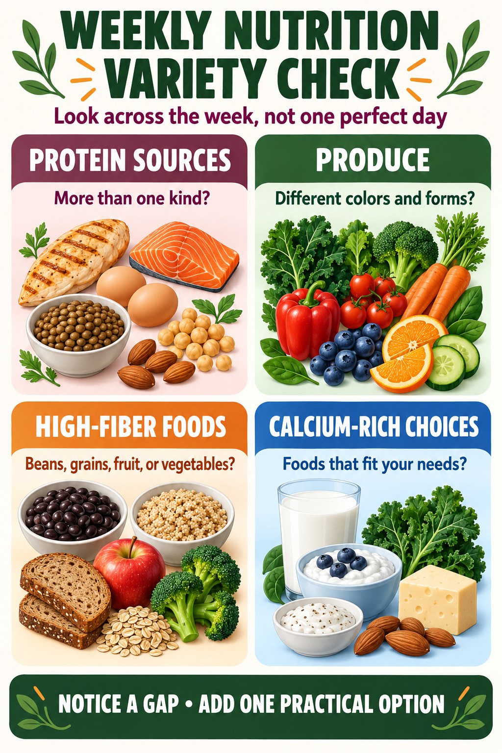Weekly nutrition variety check infographic with four food groups