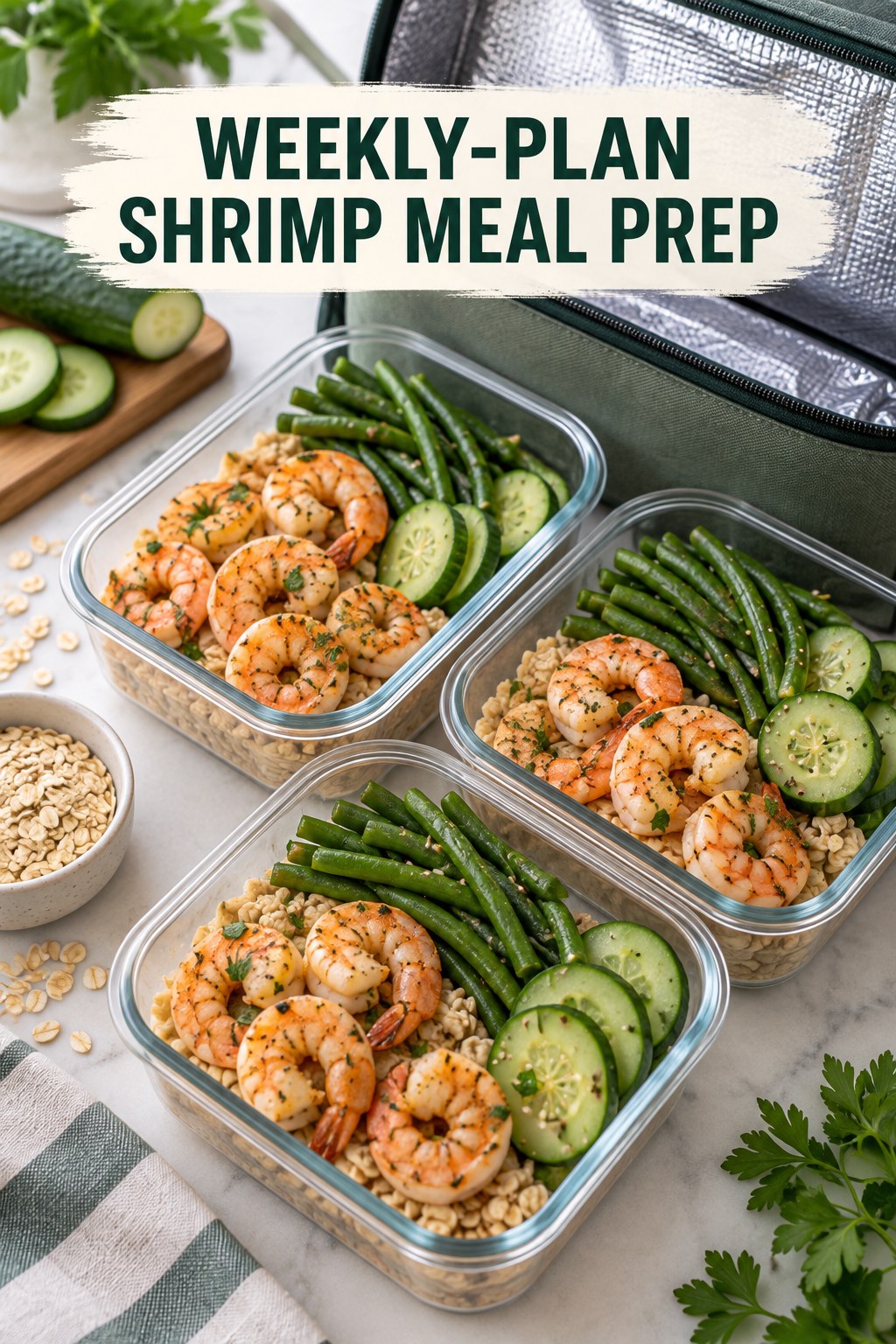 Three containers of weekly-plan shrimp oats prep boxes with shrimp, oats, green beans, and cucumber.