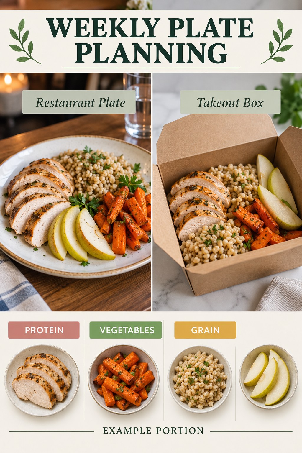 Weekly Plate Planning visual using turkey, barley, roasted carrots, and pear as flexible example portions for Weight Loss Meal Plans.