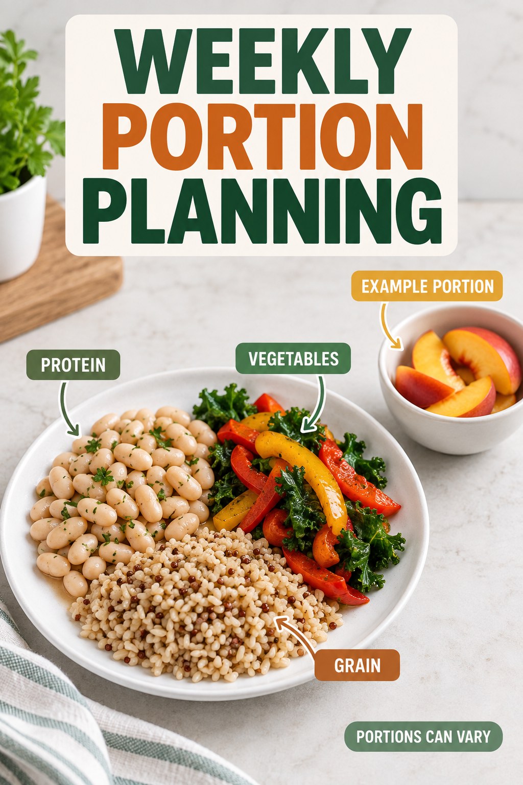 Weekly Portion Planning visual using white beans, corn, peppers, and peach as flexible example portions for Healthy Meal Plans.