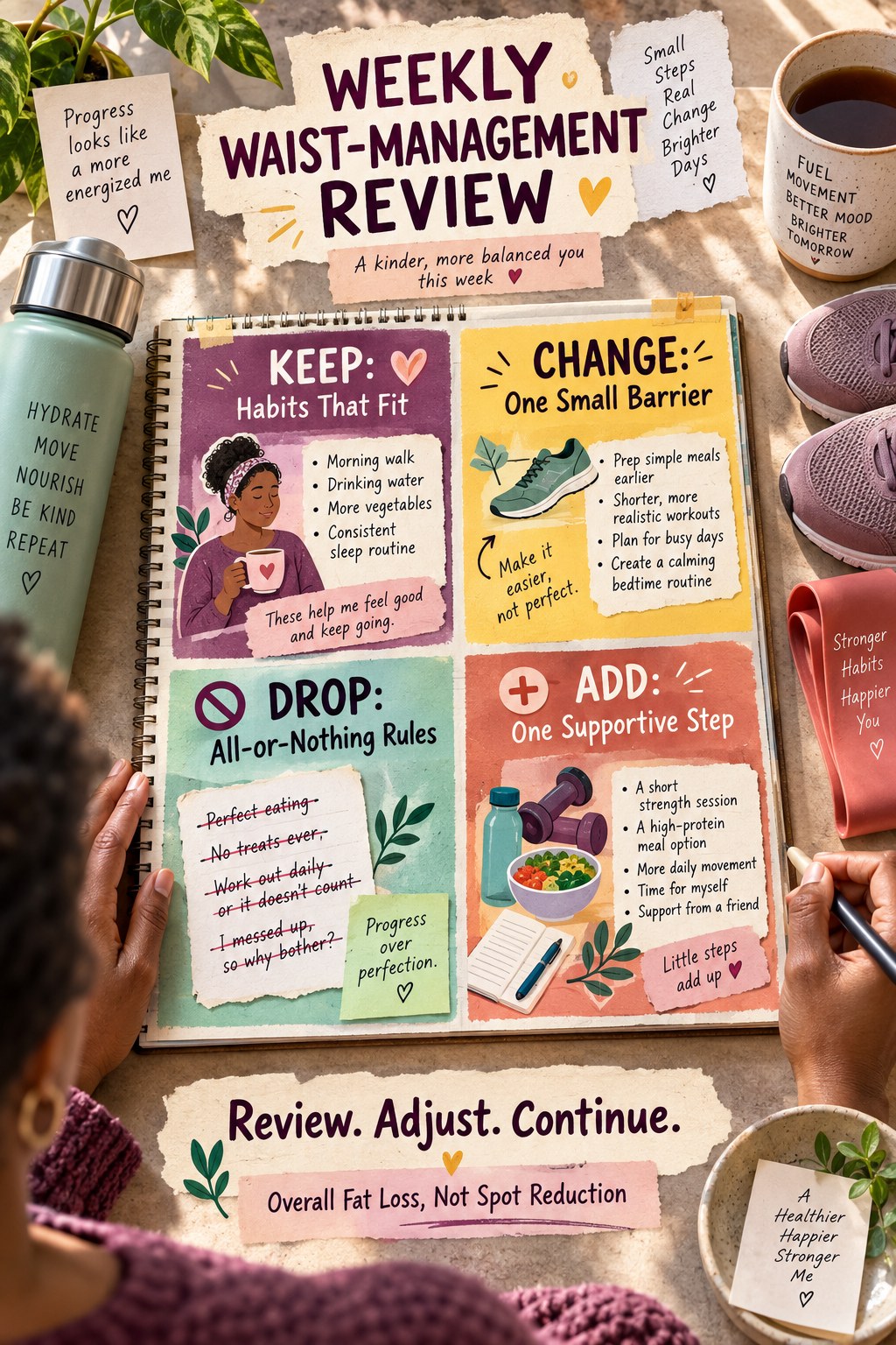 Top-down weekly planner infographic with Keep, Change, Drop, and Add sections for sustainable waist-management habits.