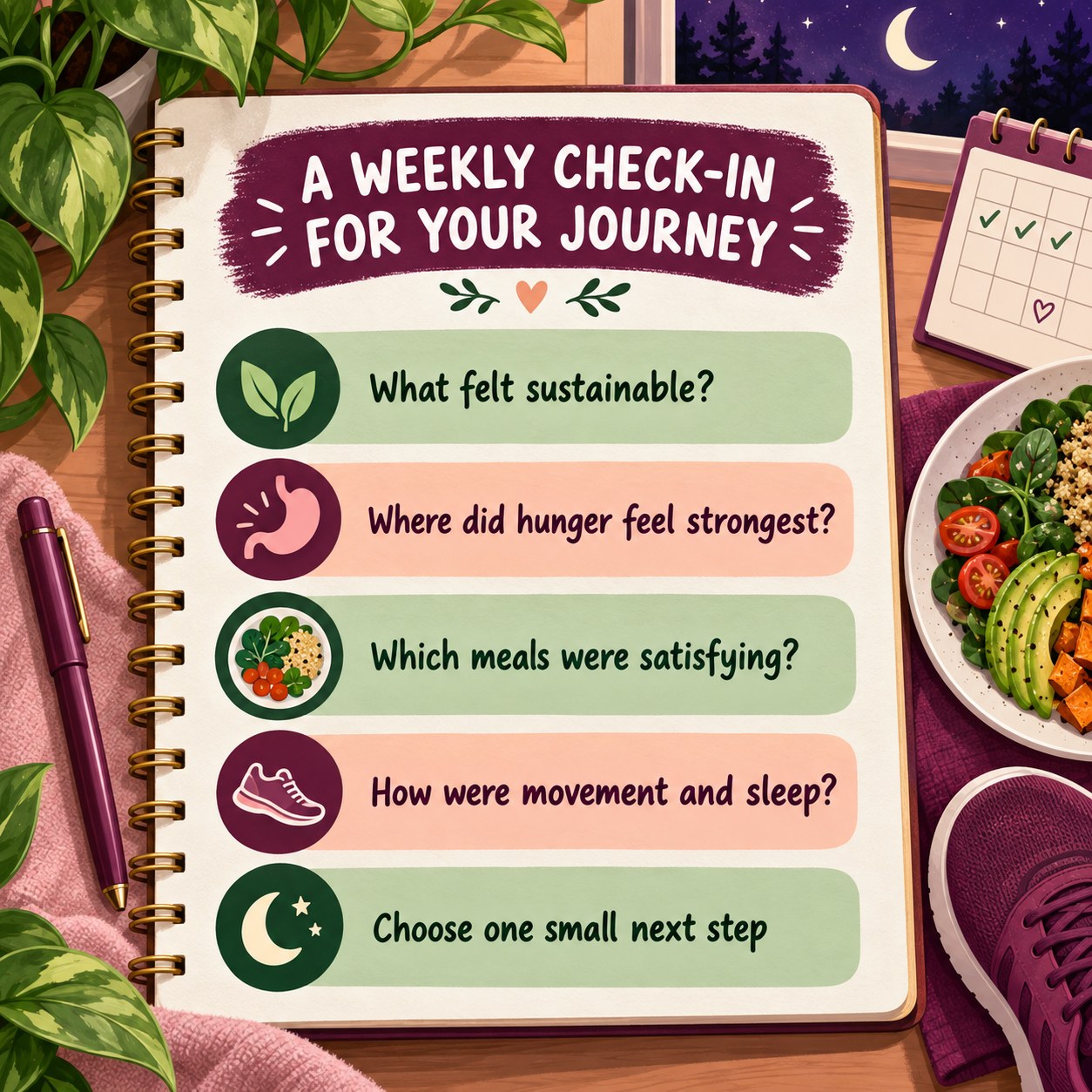 Weekly journal checklist asking about sustainability, strongest hunger, satisfying meals, movement, sleep, and one small next step