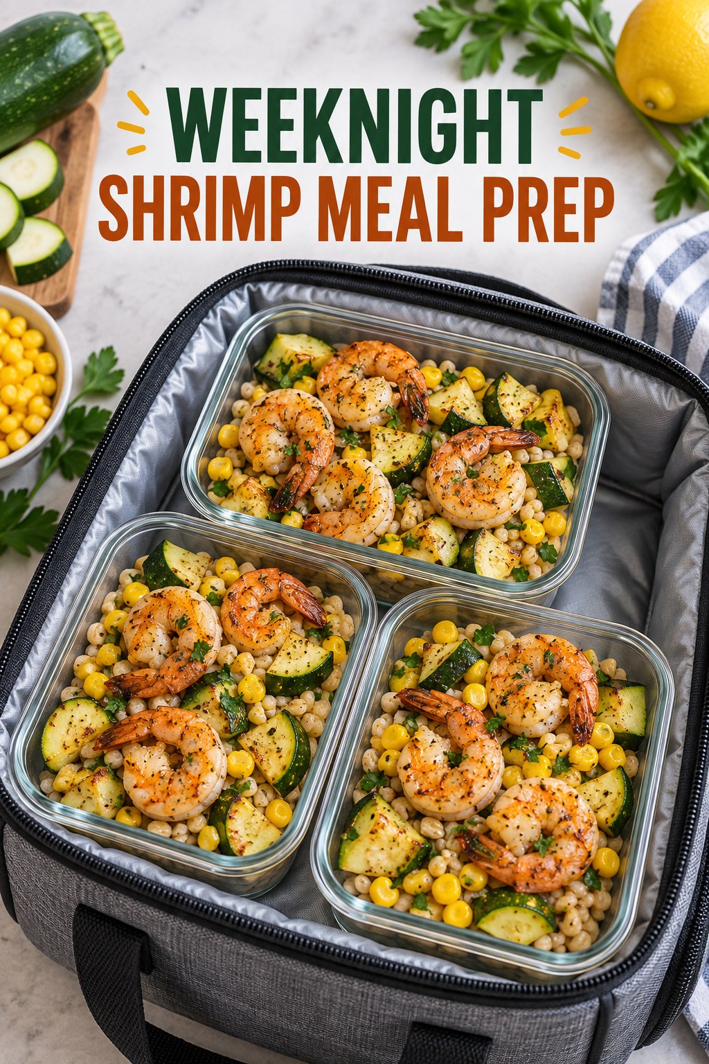 Three containers of weeknight shrimp barley prep boxes with shrimp, barley, corn, and zucchini.