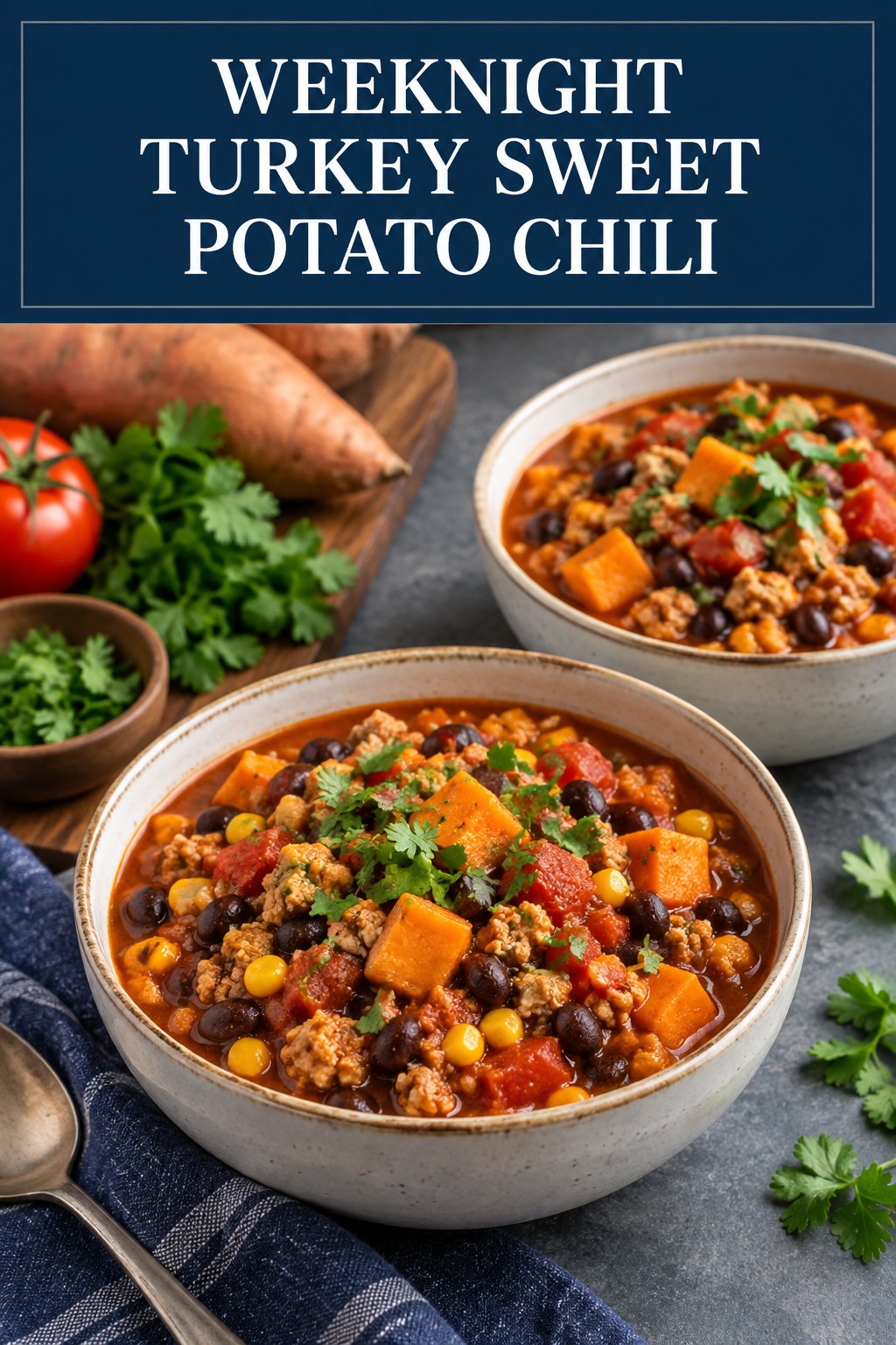 Two servings of weeknight turkey sweet potato chili made with turkey, sweet potato, and vegetables.