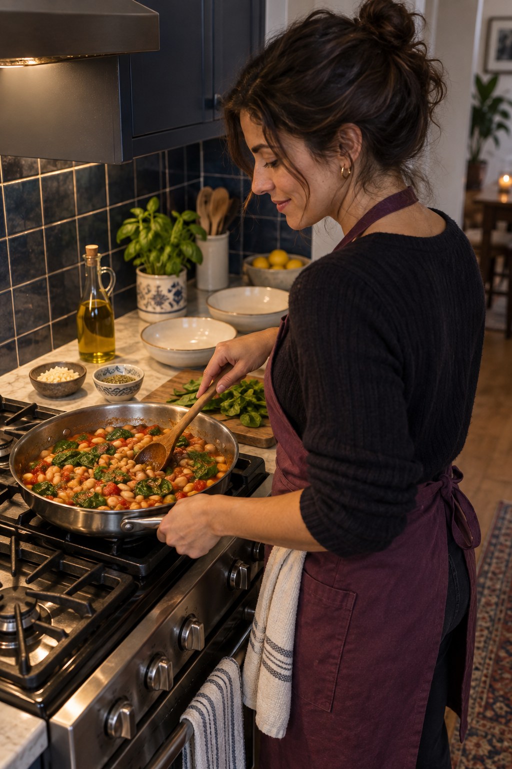 Woman in a plum apron stirring white beans, tomatoes, and spinach in a skillet beside two empty dinner bowls.