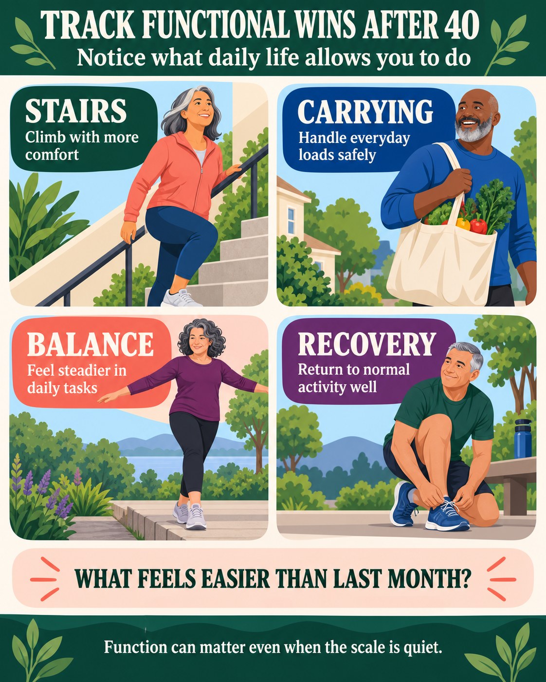 Functional wins tracker for stairs, carrying, balance, and recovery after 40