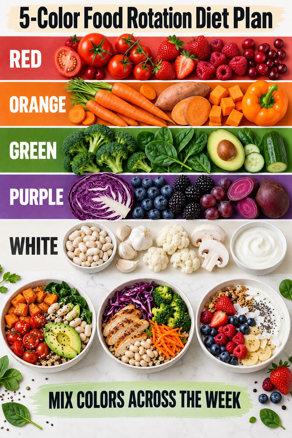 Five-color food rotation diet plan infographic with red, orange, green, purple, and white foods plus balanced bowls.