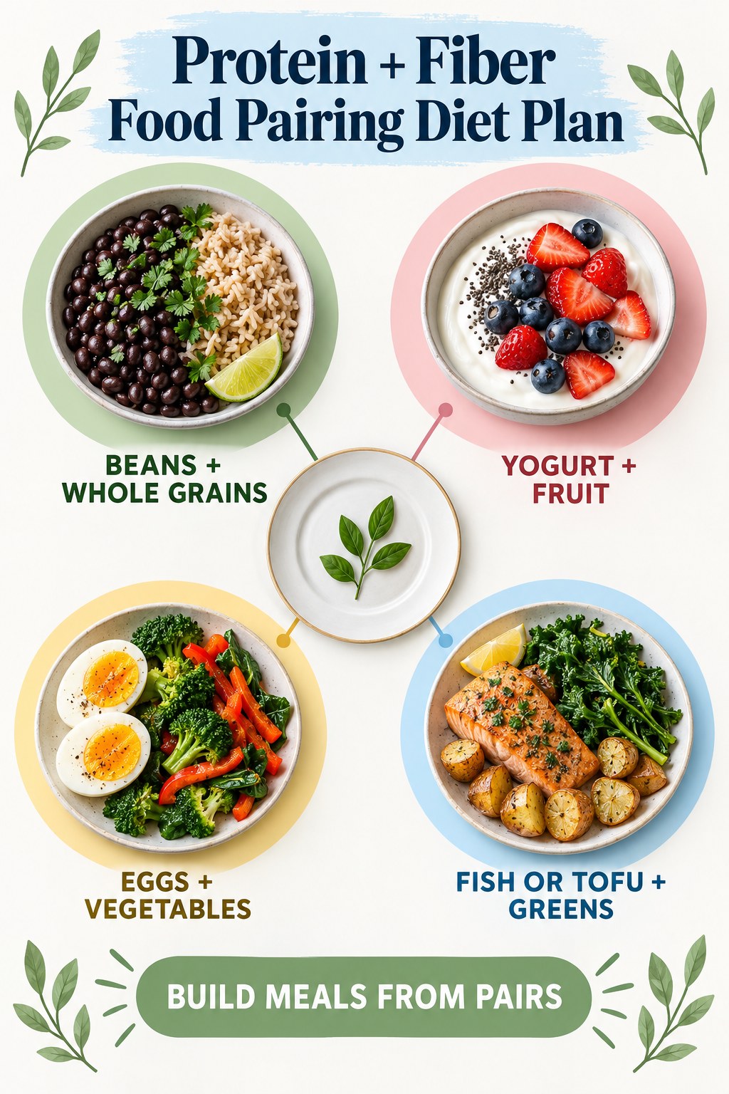 Pastel protein-and-fiber food-pairing diet plan infographic with beans, grains, yogurt, fruit, eggs, vegetables, fish, and greens.