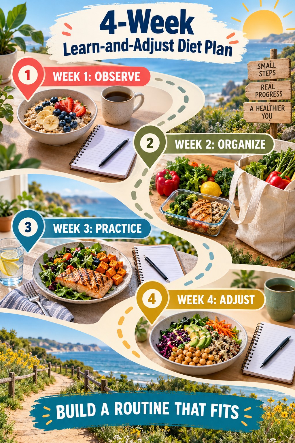Blue and coral four-week learn-and-adjust diet plan roadmap with meal bowls, groceries, notebooks, and weekly milestones.