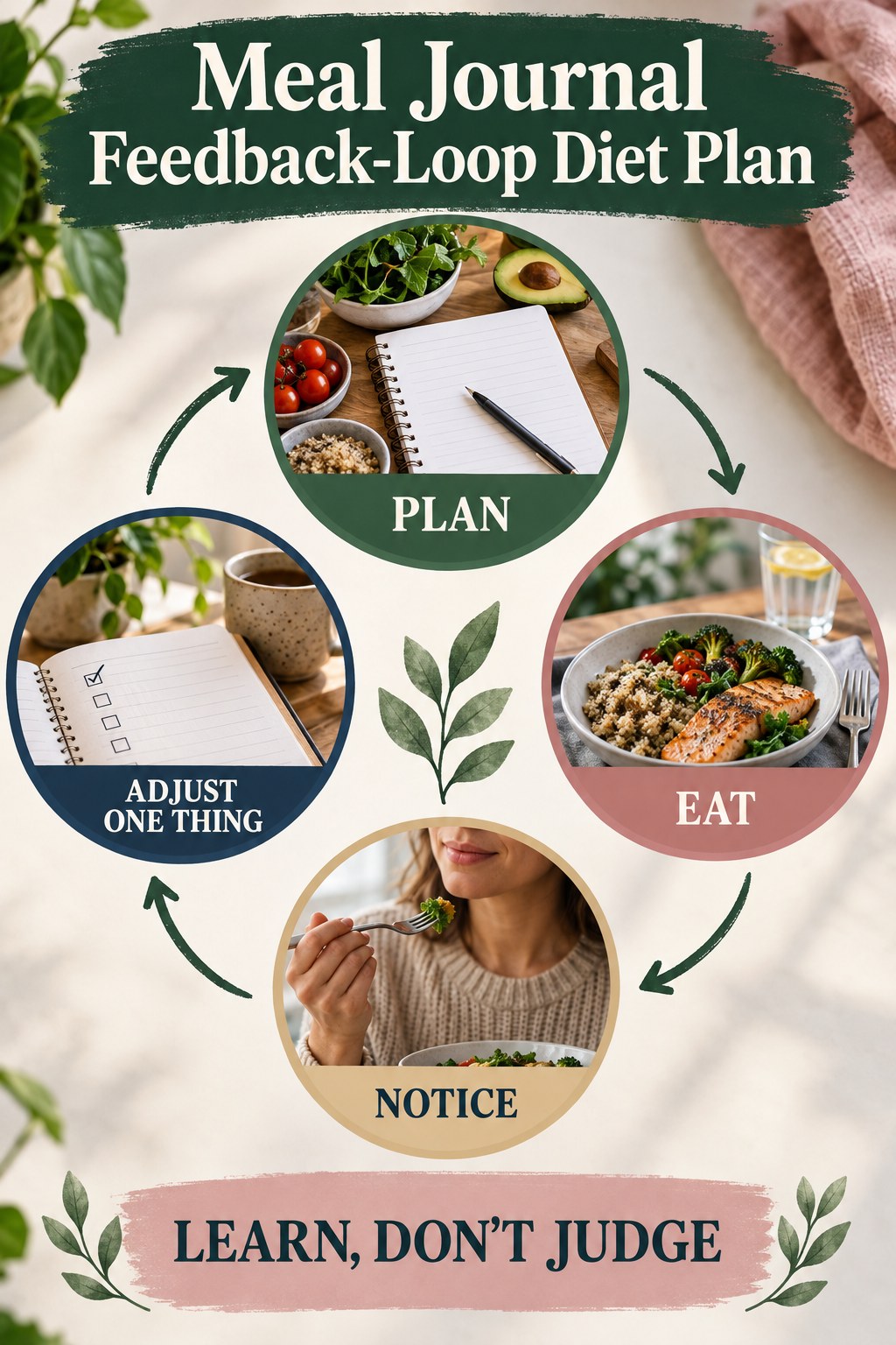 Green and rose meal journal feedback-loop diet plan infographic with plan, eat, notice, and adjust stages around a notebook.