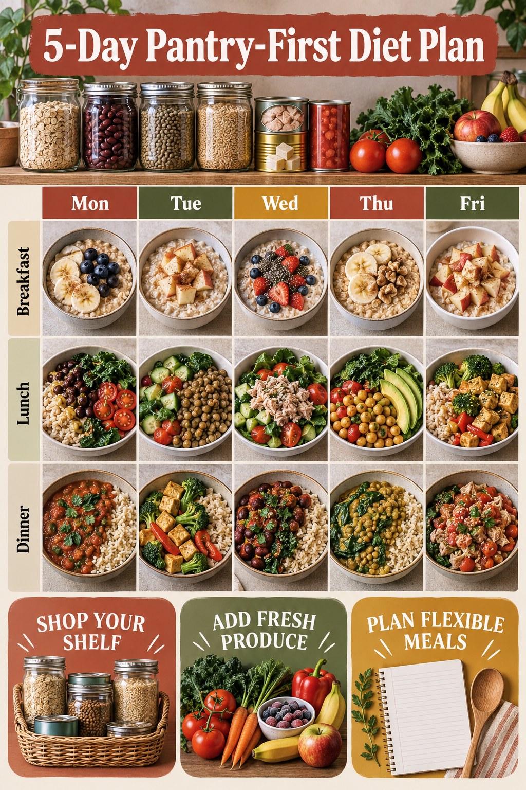 Terracotta and olive five-day pantry-first diet plan infographic with weekday breakfasts, lunches, dinners, and pantry staples.
