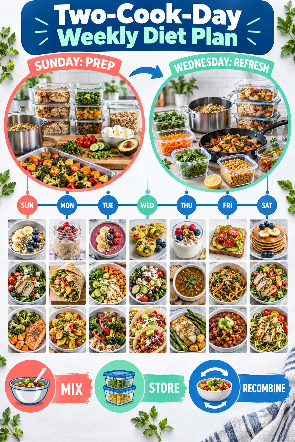 Blue, mint, and coral two-cook-day weekly diet plan infographic with Sunday prep, Wednesday refresh, and varied meals.