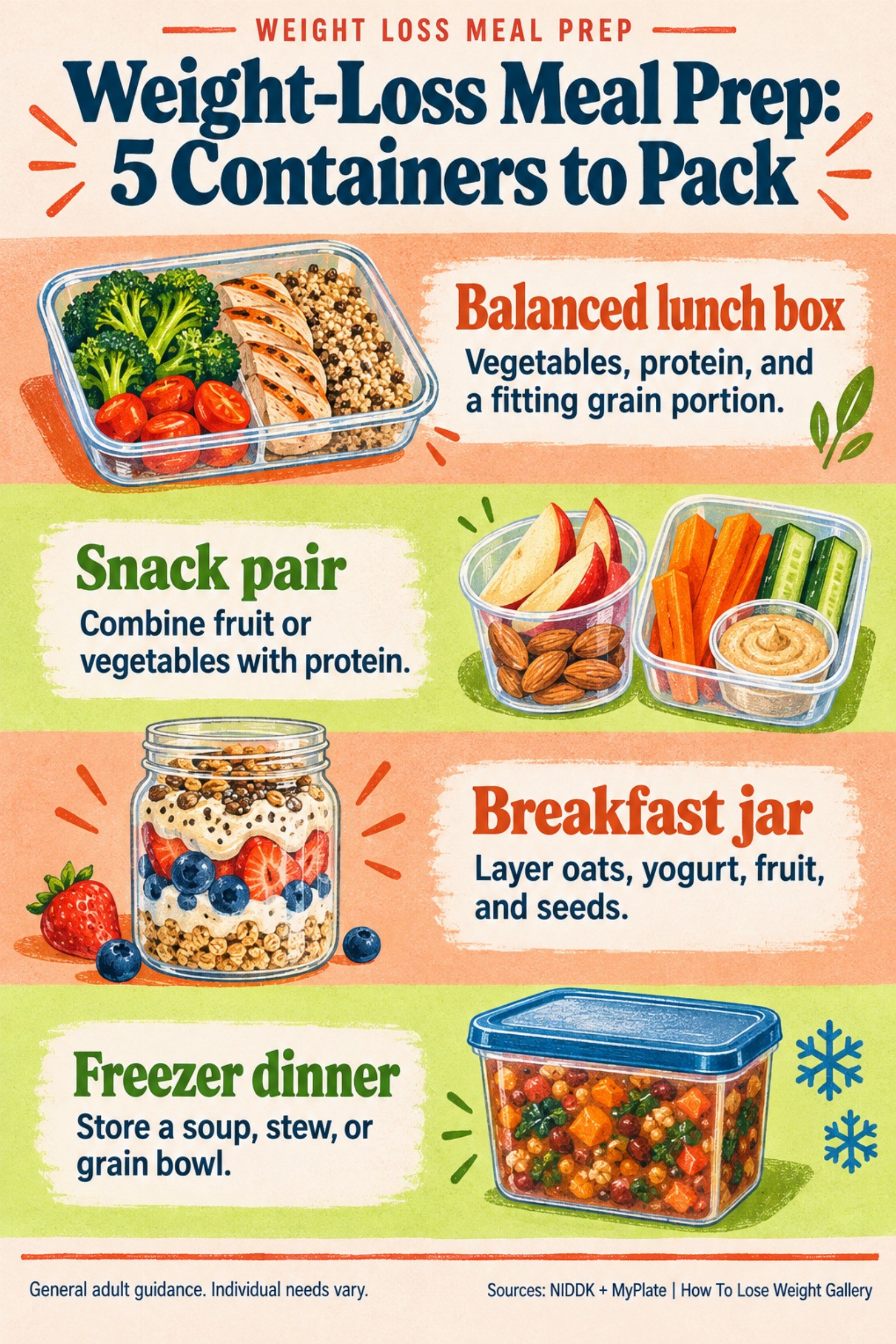 Colorful infographic titled Weight-Loss Meal Prep: 5 Containers to Pack with four illustrated tips for Weight Loss Meal Prep.