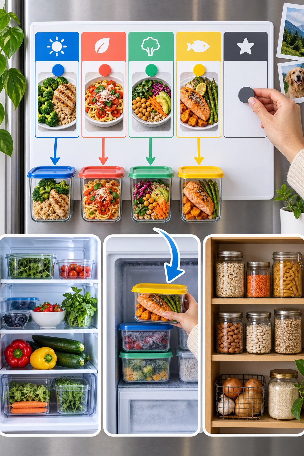 Vertical magnetic-board infographic with four distinct prepared meals, one open flex slot, and fridge, freezer, and pantry inventory.