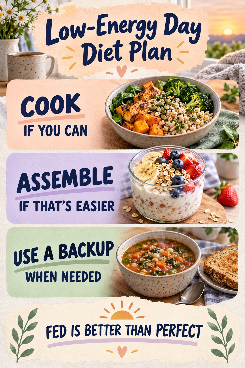Peach, lavender, and sage low-energy day diet plan infographic with cook, assemble, and backup meal options.