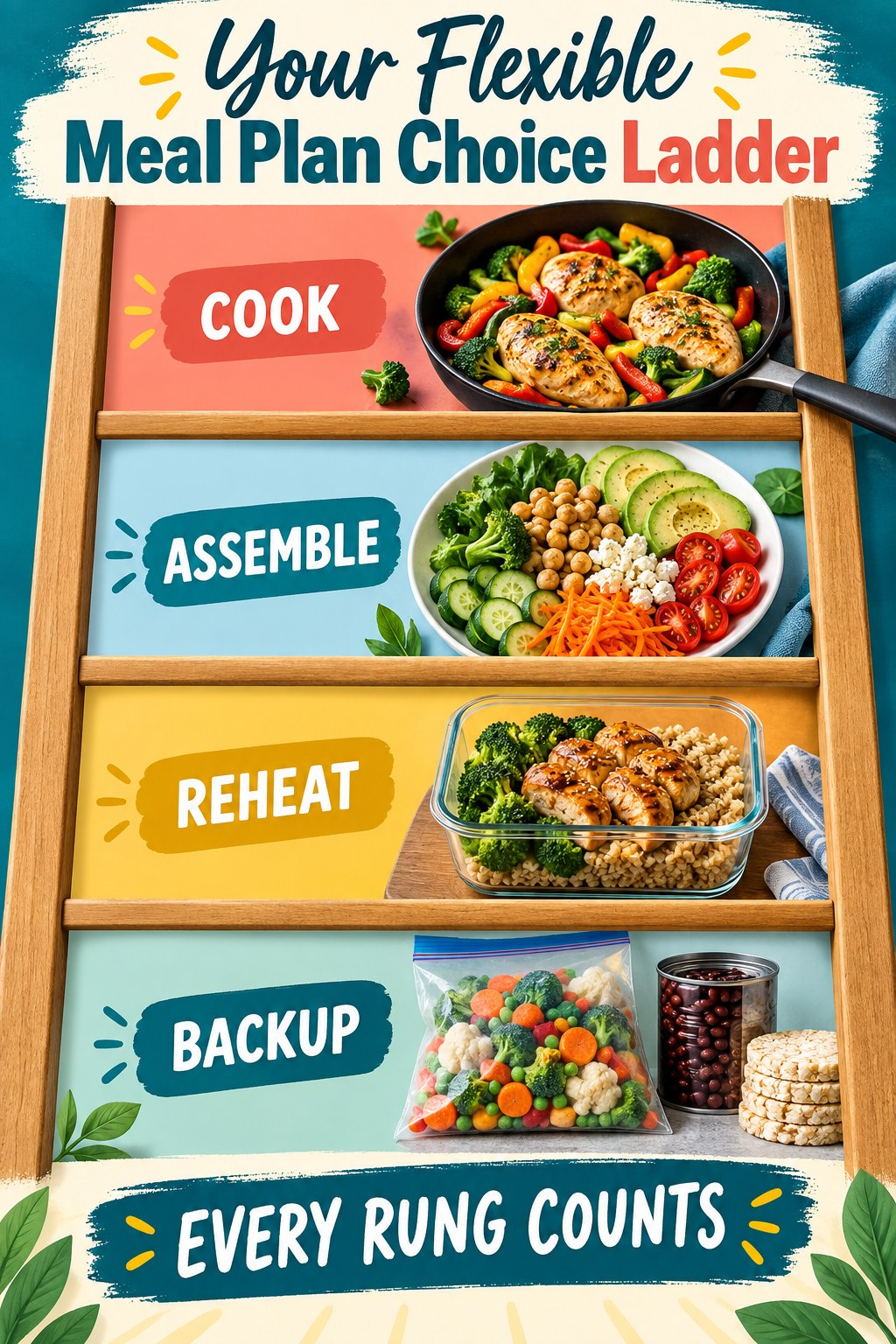 Teal, coral, and yellow meal plan choice ladder infographic with cook, assemble, reheat, and backup meal examples.