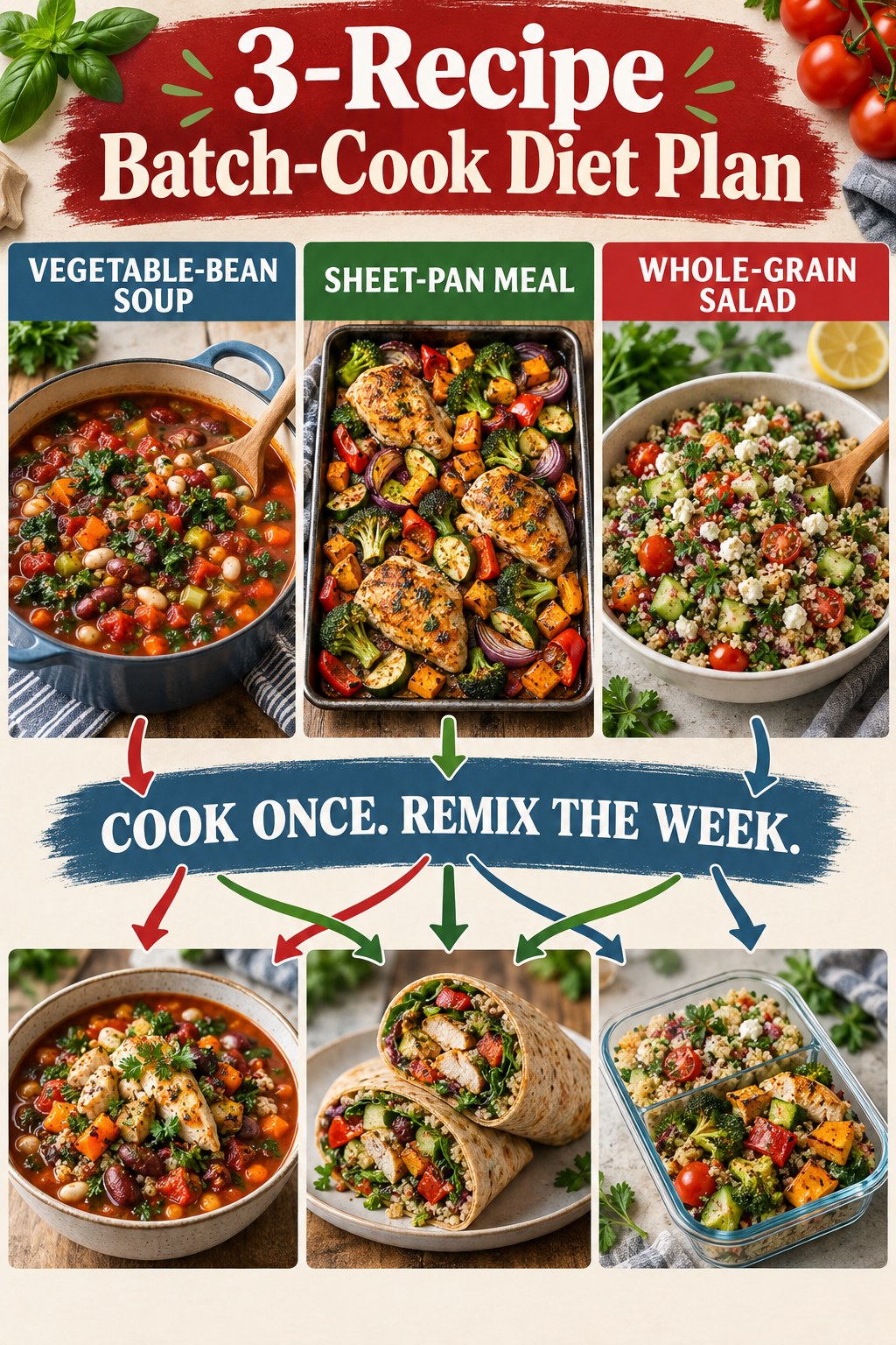 Red, green, and blue three-recipe batch-cook diet plan infographic with soup, sheet-pan meal, grain salad, bowls, and wraps.