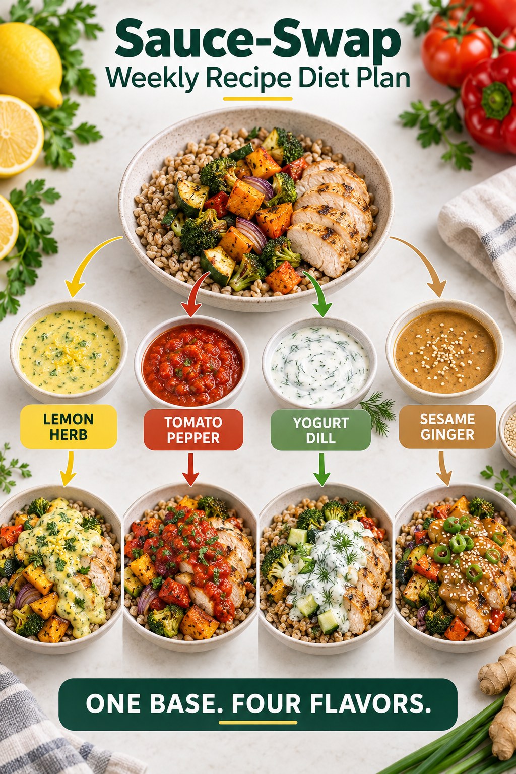 Green and yellow sauce-swap weekly diet plan infographic with one meal base, four sauces, and four flavored bowls.