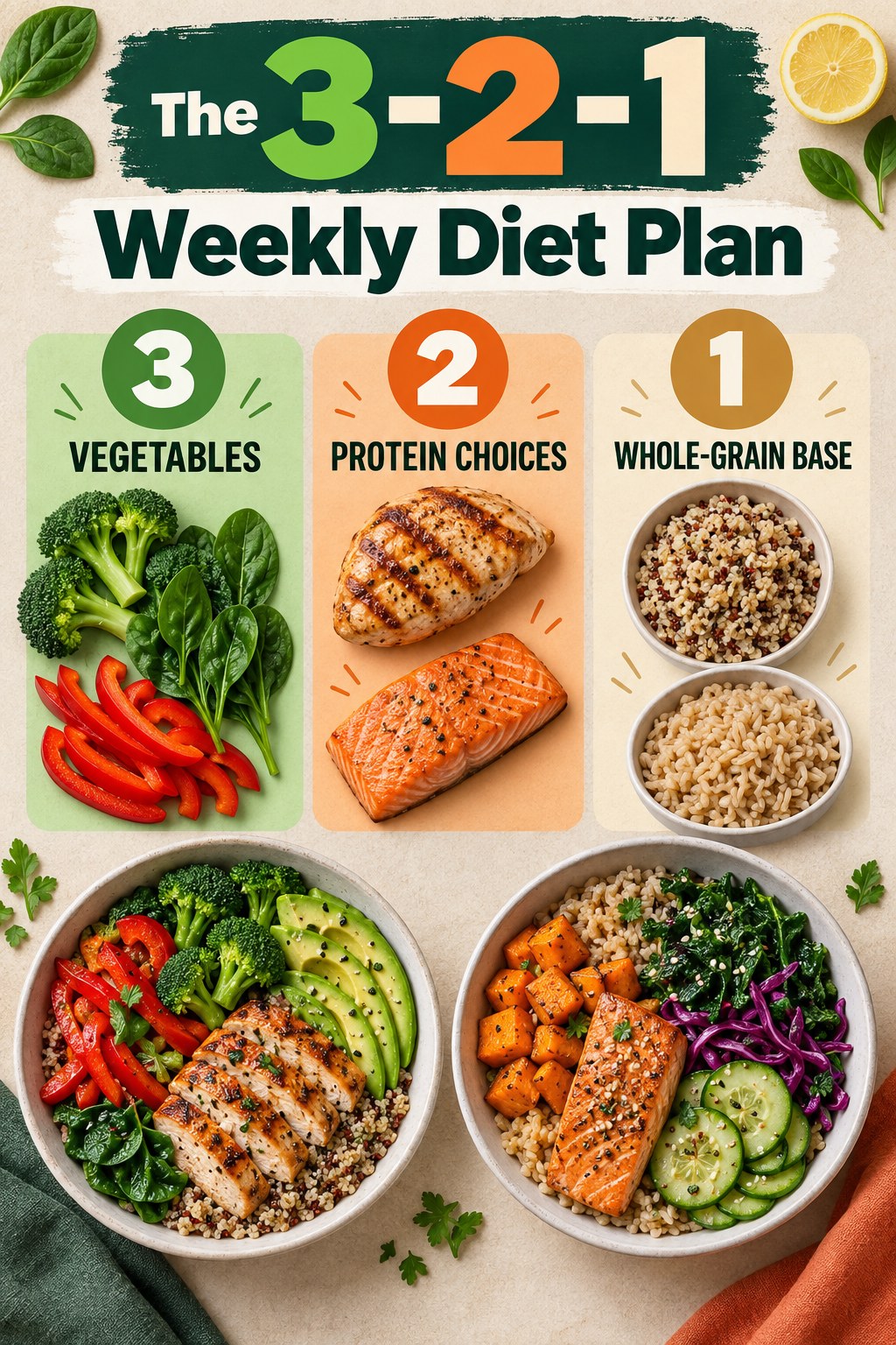 Green and orange 3-2-1 weekly diet plan infographic with vegetables, protein choices, grains, and two balanced bowls.
