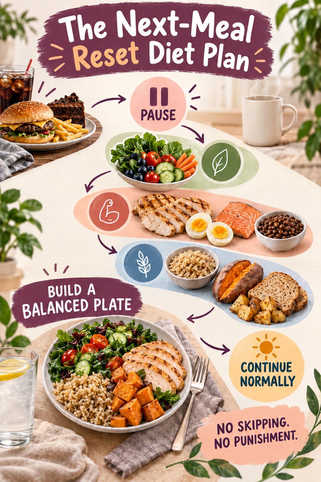 Plum and apricot next-meal reset diet plan infographic showing a pause, balanced plate, and normal routine.